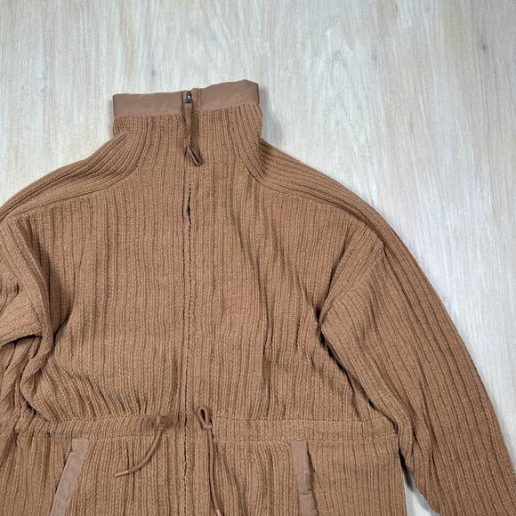FLX Camel Brown Ribbed Knit Full Zip Sweater Jacket Drawstring Pockets Large - Picture 2 of 14